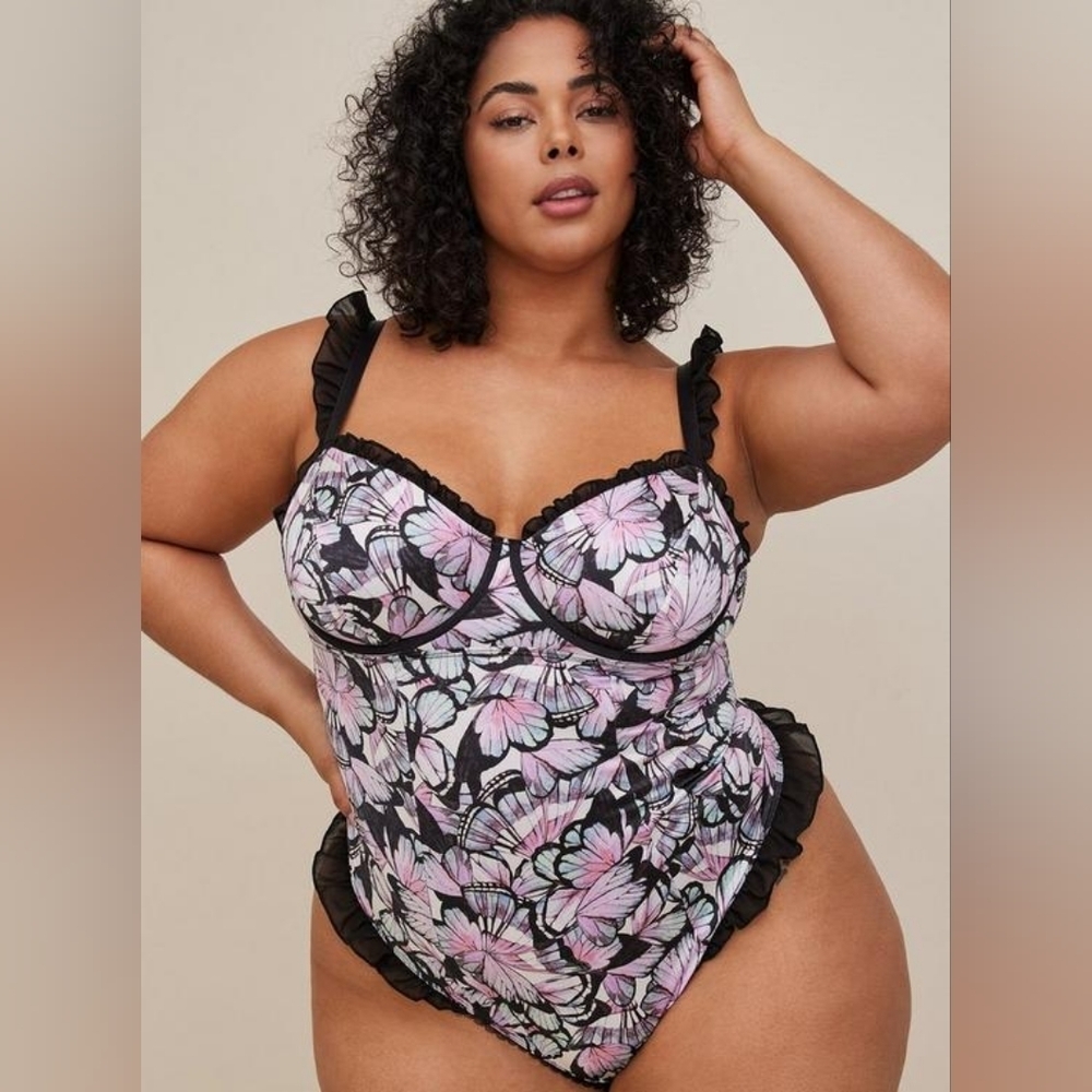 Torrid Curves Satin Ruffle Bodysuit - Picture 2 of 11